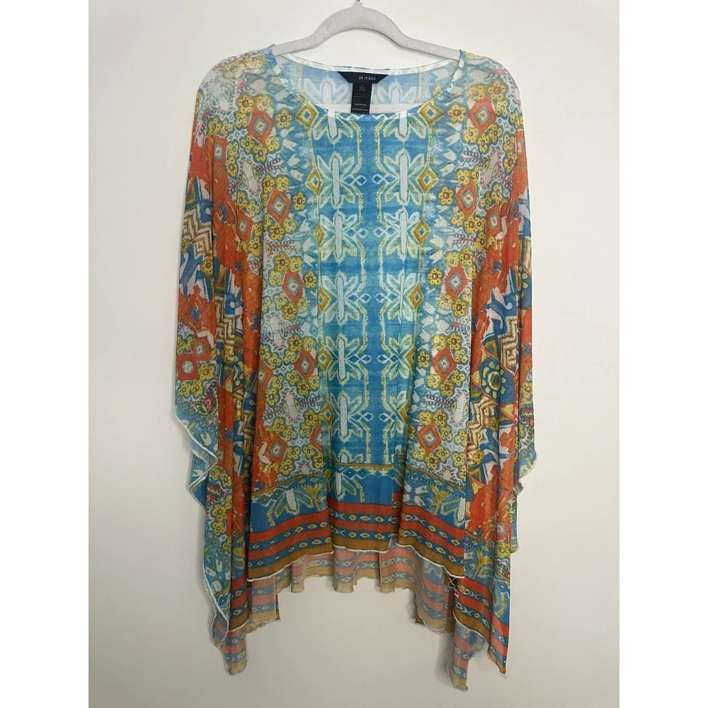 Ali Miles Womens XL Sheer Mesh Poncho Top Geometric Handkerchief Hem *Flawed - Picture 2 of 14